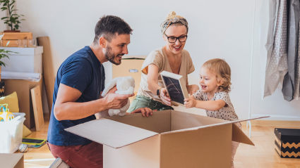 A photo of people packing up to move to another country. 