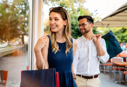 Two people going shopping at a store near Lake Tahoe.