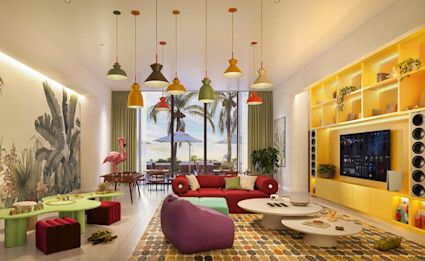 Colorful children's playroom with tropical mural, bean bag, red sofa, yellow media wall, foosball table, and floor-to-ceiling palm tree views.