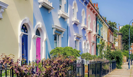 Colorful buildings lining the street.