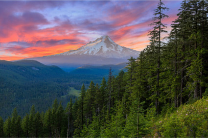 A photo of Mount Hood showcases one of the many mountain getaways in Oregon.