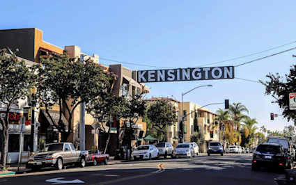 A photo shows the downtown area of Kensington, one of the best neighborhoods in San Diego.