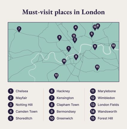 A visual map shows 15 of the best neighborhoods in London. 