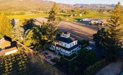 An aerial view of a picturesque inn in Napa and house surrounded by lush green fields and rolling hills, available for a one-year lease
