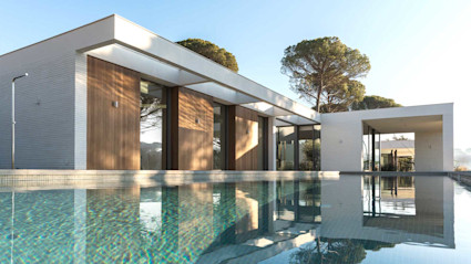 A modern luxury home featuring a beautiful pool. 
