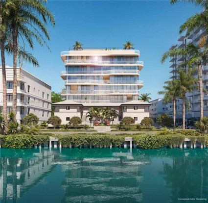 Modern waterfront luxury condominium featuring curved glass balconies, a landscaped rooftop terrace, and palm-lined gardens along a calm turquoise Miami canal.