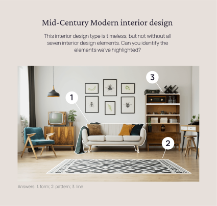 A living room is decorated in a Mid-Century Modern style, one of the trending types of interior design in 2022.