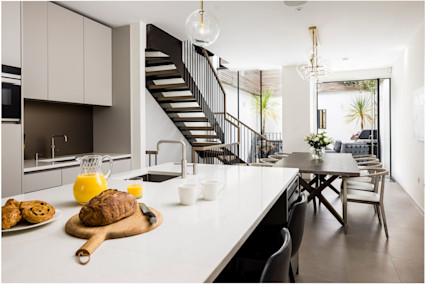 A modern, well-lit kitchen at Chelsea Gardens in London, perfect for preparing a pre-theatre meal.