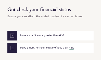 An image displays two financial criteria people use to answer the question, “Can I afford a second home?”