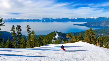 A person enjoys one of the best ski resorts in Tahoe.