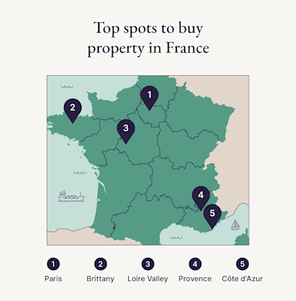 A map shows the best places to consider when buying property in France.