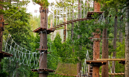 Rope bridges at Tahoe Treetop Adventure Parks bring some adrenaline to Lake Tahoe in summer.