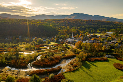 Aerial view of Stowe, Vermont in autumn.