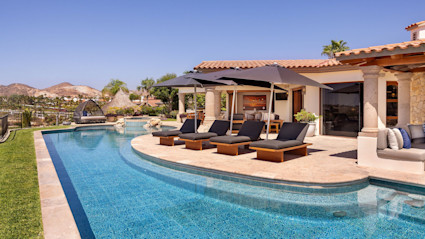 Pool and patio at Casa Bella in Los Cabos, highlighting indoor-outdoor living and the Cabo lifestyle.