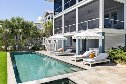 Charleston Blvd’s private pool and patio offer the perfect backdrop for both relaxation and entertaining, a key part of Charleston's upscale beach lifestyle.