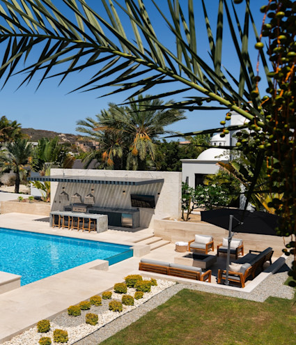  Outdoor lounge and pool area with a large palm leaf stretched across the length of the photo.
