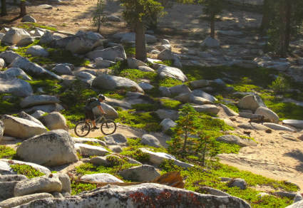 A person bikes along a trail near Lake Tahoe.