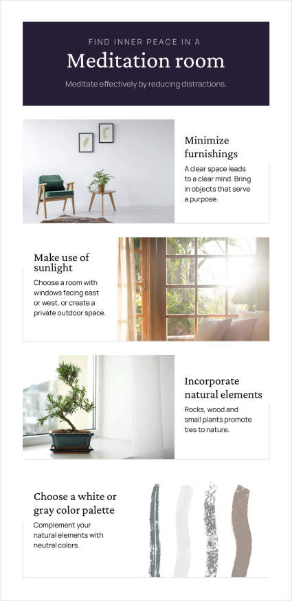 A mood board breaks down how to style a meditation room, one of the most popular zen room ideas.