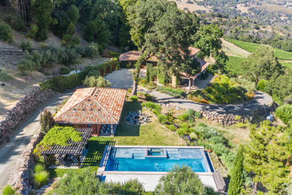 The estate aerial view of two buildings and a pool
