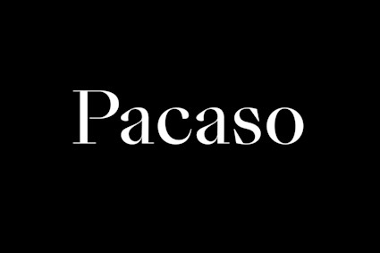 Pacaso logo in white serif type on a black background.