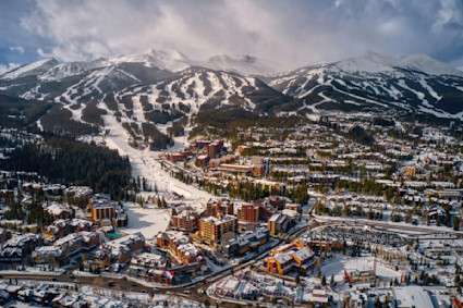 Aerial view of Breckenridge in the snow.