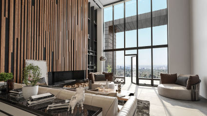 A luxury condominium with modern decor and city views.