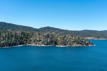 a body of water with houses and trees