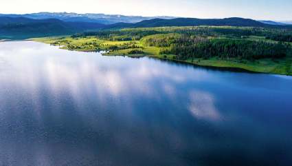 A birds-eye view of Steamboat Lake, one of the top places for Steamboat Springs summer activities.