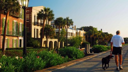 A man walks his dog in Charleston, South Carolina, on one of their pet-friendly vacations.