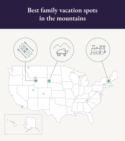 A map of the United States identifies some of the best family vacation spots in the mountains.