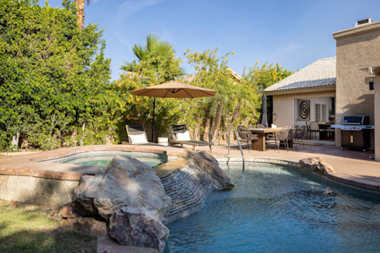 Desert Mirage at 78750 Nolan Circle in La Quinta is a private home with a lush pool and patio, ideal for unwinding after a day on some of the area’s most iconic golf courses.