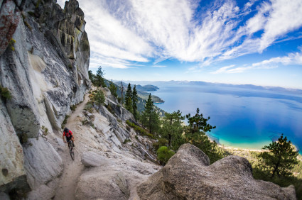 Mountain biker on the Flume Trail at Lake Tahoe, CA.