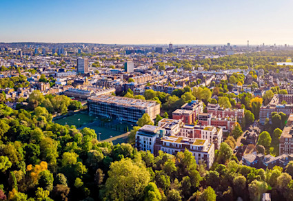 An image shows a flyover view of Kensington, one of the many posh areas in London.