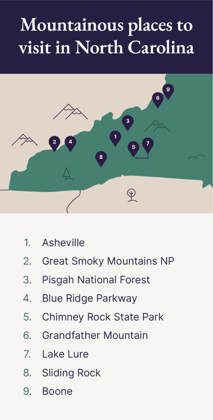 A map of the best places to visit in the mountainous region North Carolina.