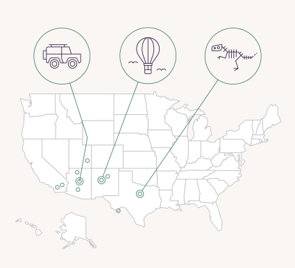 A map of the United States identifies some of the best family vacation spots in the desert. 