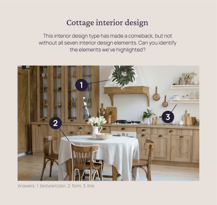 A kitchen is decorated in a Cottage style, one of the trending types of interior design in 2022.