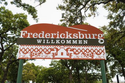 Welcome sign to German influenced Texas Hill Country town.