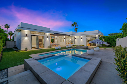 Skyward in Palm Desert features clean modern lines, a private yard with pool and spa, and mountain views tailored to fall evenings by the fire.