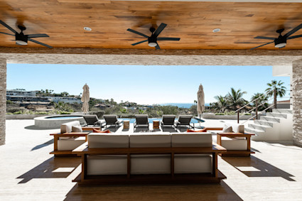Casa Cortez emphasizes indoor-outdoor living with a shaded terrace and pool, supporting Cabo’s wellness-forward lifestyle.