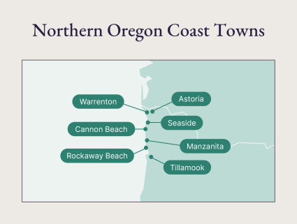 A map of Northern Oregon Coast towns.