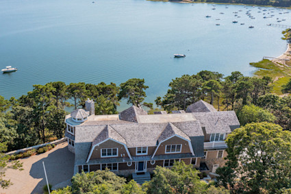Aerial water views at Fox Hill in Chatham that capture the Cape Cod appeal of acreage, privacy, and a setting designed around the shoreline.