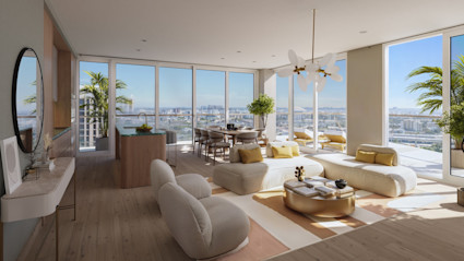 Sun-filled corner residence with curved cream sofas, gold accents, open kitchen, dining area, and wraparound city and water views.