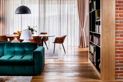 velvet couch and wooden bookcase