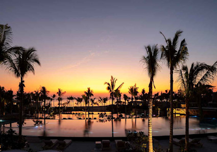 View of tiered infinity pool with silhouettes of palm trees during a sunset.