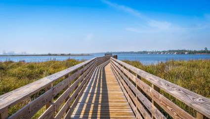A boardwalk leads to an overlook at Gulf State Park, one of the best beaches for kids in the South.