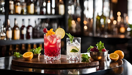 Handcrafted cocktails sit on top of a bar surrounded by garnishes.