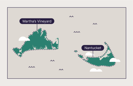 A map of Nantucket and Martha's Vineyard Massachusetts.