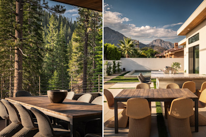 Two outdoor dining scenes side by side: a pine-forest deck on the left and a sunlit desert patio with pool and mountains on the right.