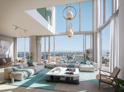 Sunlit luxury penthouse living room with floor-to-ceiling windows, teal accents, and panoramic city views.