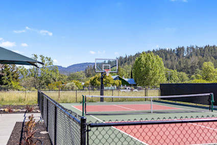 A pickle ball court with a basketball hoop, framed by green wooded hills.